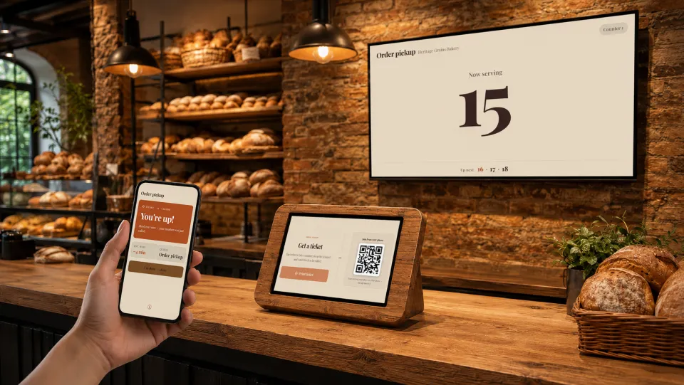A rustic artisan bakery's phone shows a "You're up!" pickup alert while the counter tablet and wall display both read "Now serving 15" — all in the bakery's own branding.