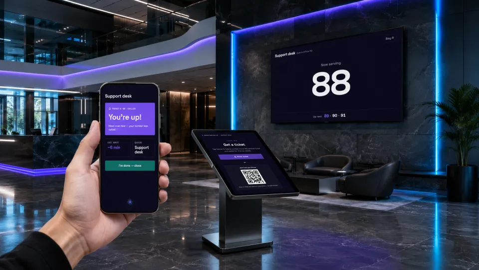 In a sleek, neon-lit corporate lobby, a phone shows a "You're up!" alert beside a QR ticket kiosk and a wall display reading "Now serving 88" — all in Quantum Flow's branding.
