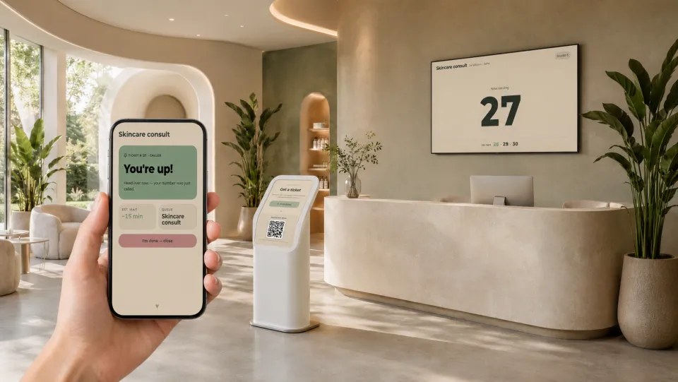 In a bright, plant-filled spa reception, a phone shows a "You're up!" alert beside a QR kiosk and a wall display reading "Now serving 27" — all in Terra Bloom's branding.